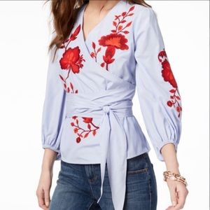 INC International Concepts embroidered wrap blouse size L blue stripe red floral